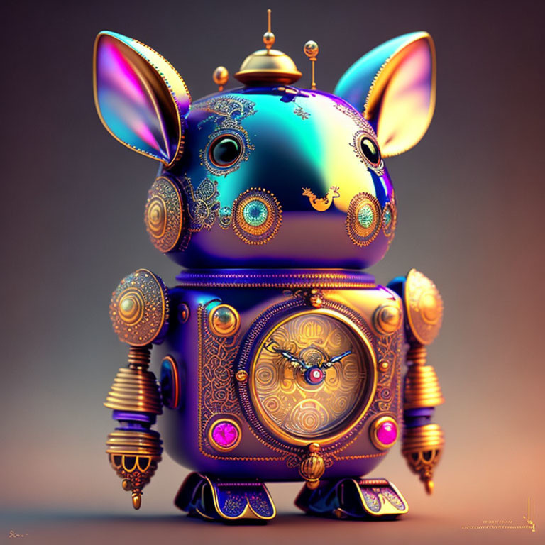 Colorful ornate mechanical robot with rabbit ears and glowing elements on soft-focus background