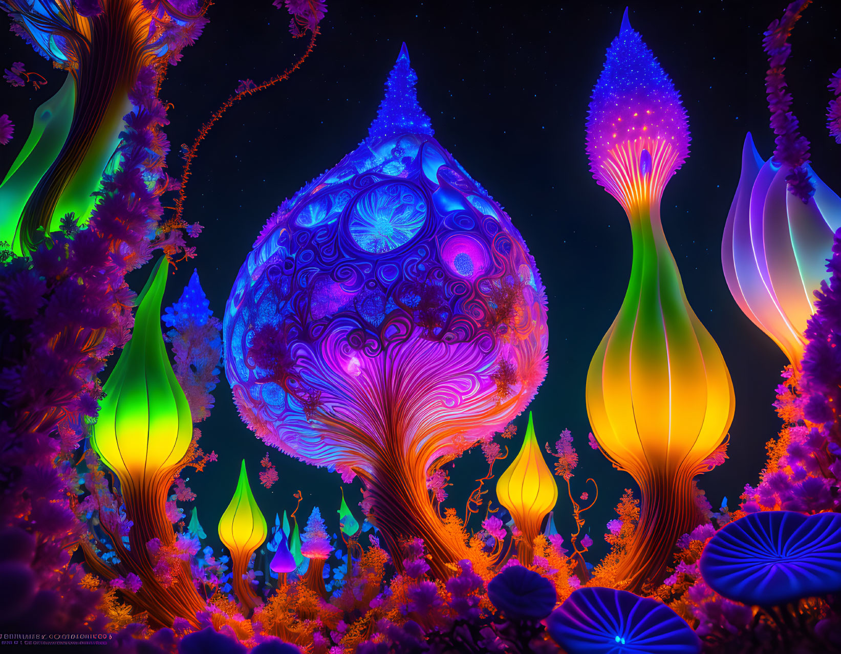 Neon bioluminescent forest with glowing plants and tree-like structures