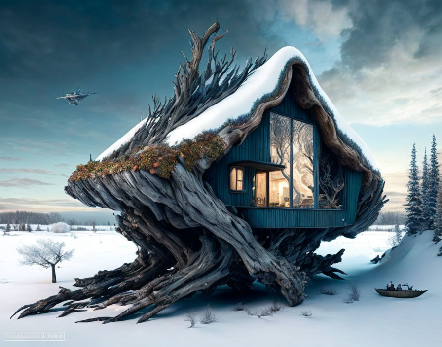 Enchanting tree trunk house in snowy scenery with flying jet and crows