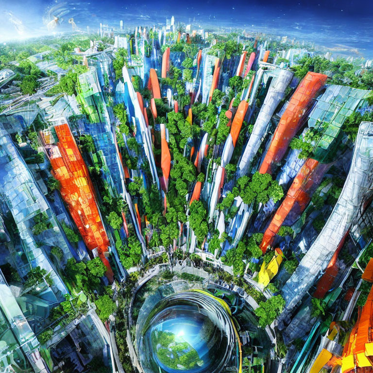 Colorful futuristic cityscape with greenery and circular portal structure