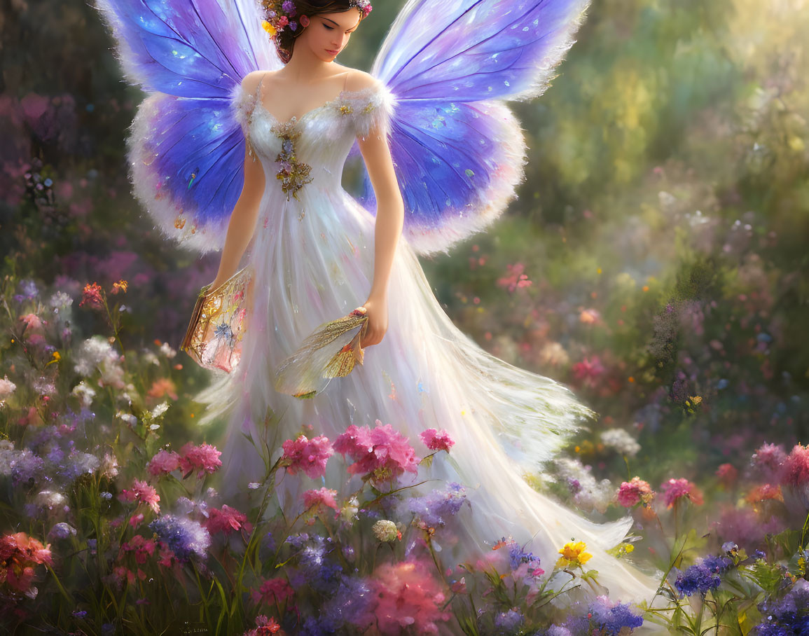 Winged fairy in white dress among colorful flowers and sunlight.