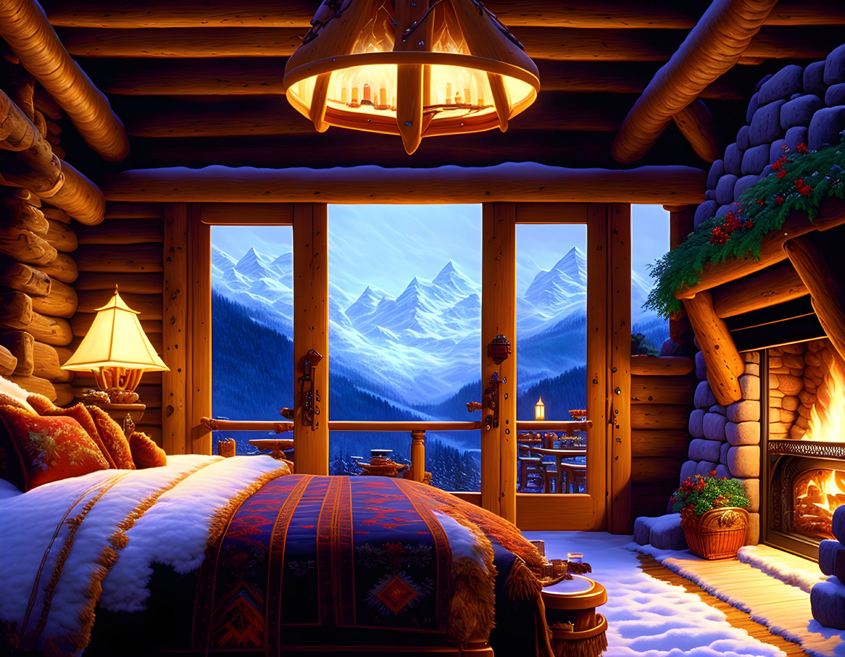 Rustic log cabin bedroom with fireplace, festive decor, snowy mountain view.