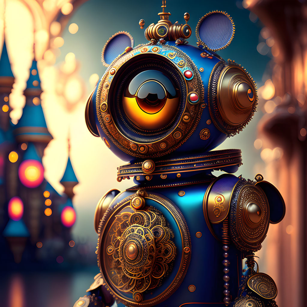 Steampunk robot with ornate gears on whimsical backdrop.