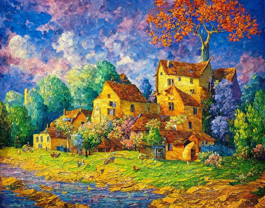 Vibrant painting of golden village, multihued sky, lush trees, and river