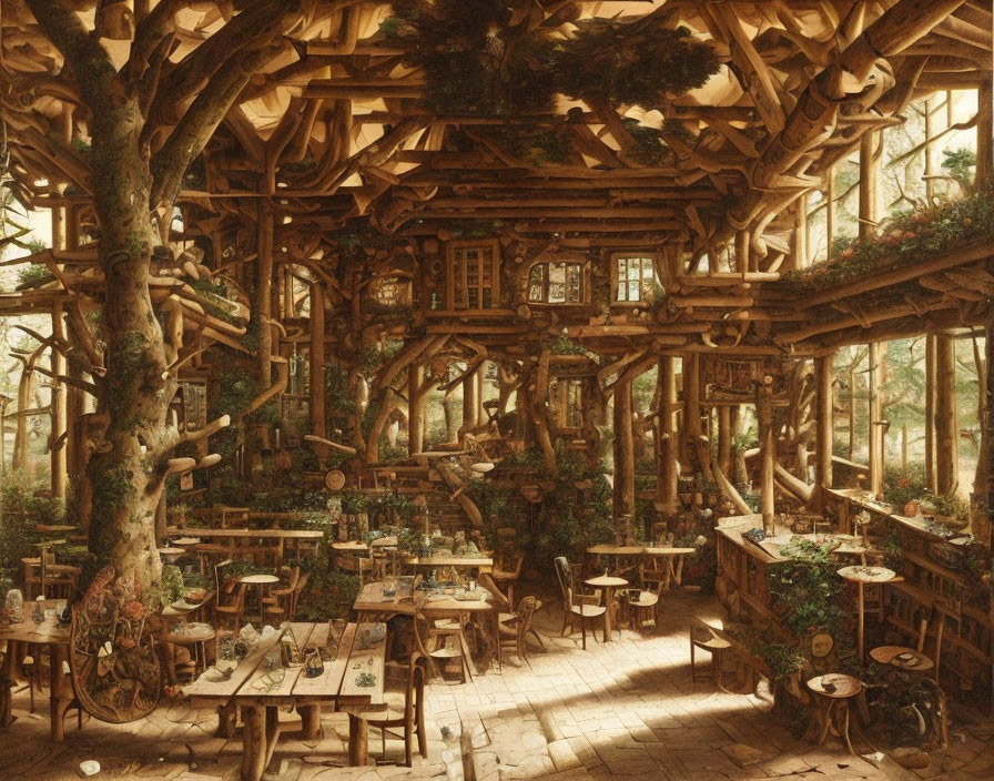 Wooden architecture treehouse restaurant nestled among trees with greenery and set tables.