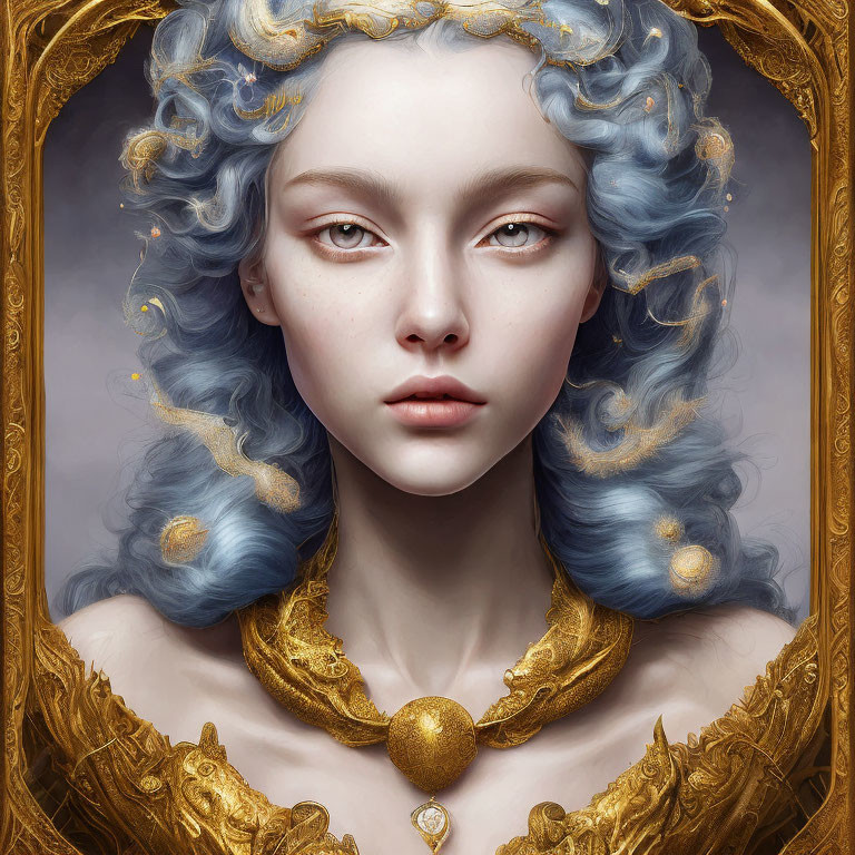 Portrait of woman with pale skin, striking eyes, blue curls, and golden ornate border