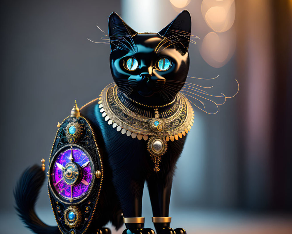 Black cat with blue eyes and gold jewelry on blurred background