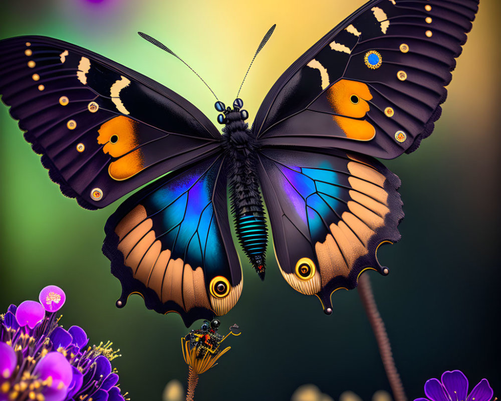 Colorful Butterfly with Black and Blue Wings on Purple Flowers