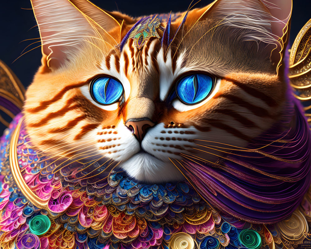 Colorful Digital Art: Cat with Blue Eyes & Ornate Feathers