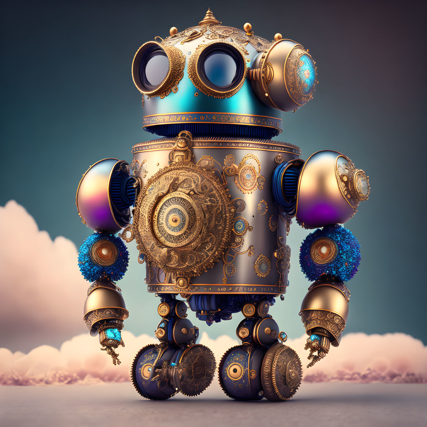 Steampunk robot with golden and blue hues and intricate gears