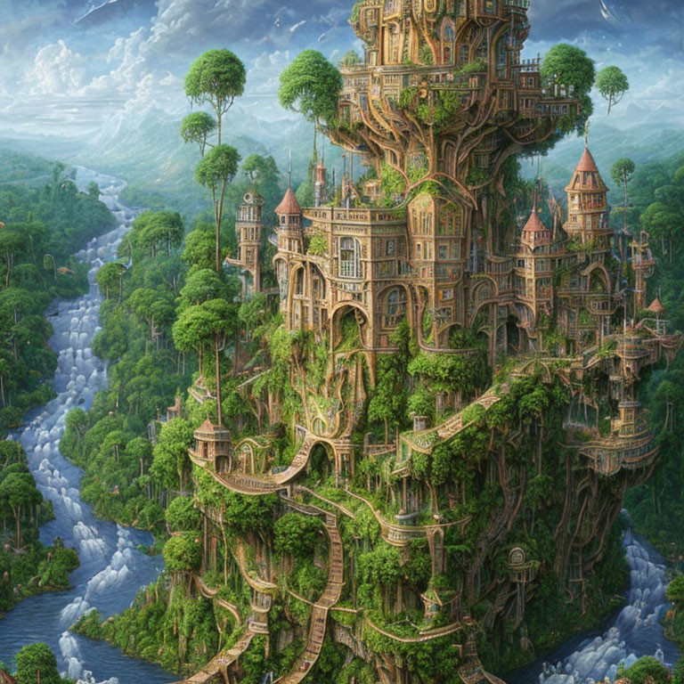 Fantastical tree with castles and towers in lush greenery