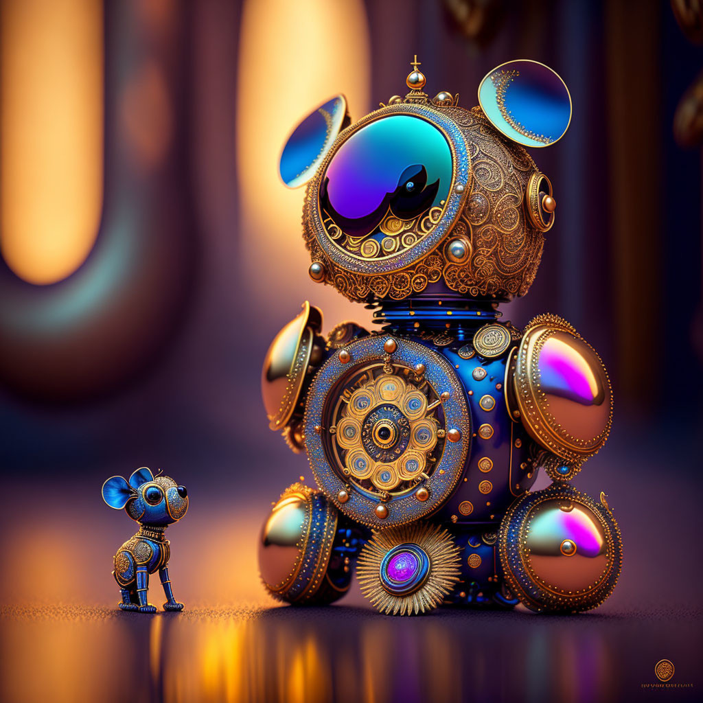 Ornate steampunk robots with glowing orbs in background