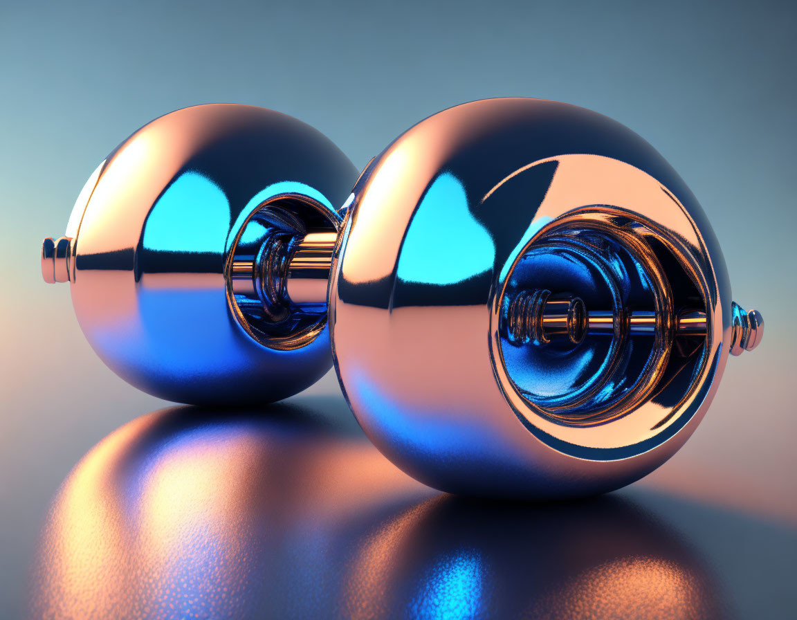 Shiny metallic spheres with cylindrical appendages on glossy surface