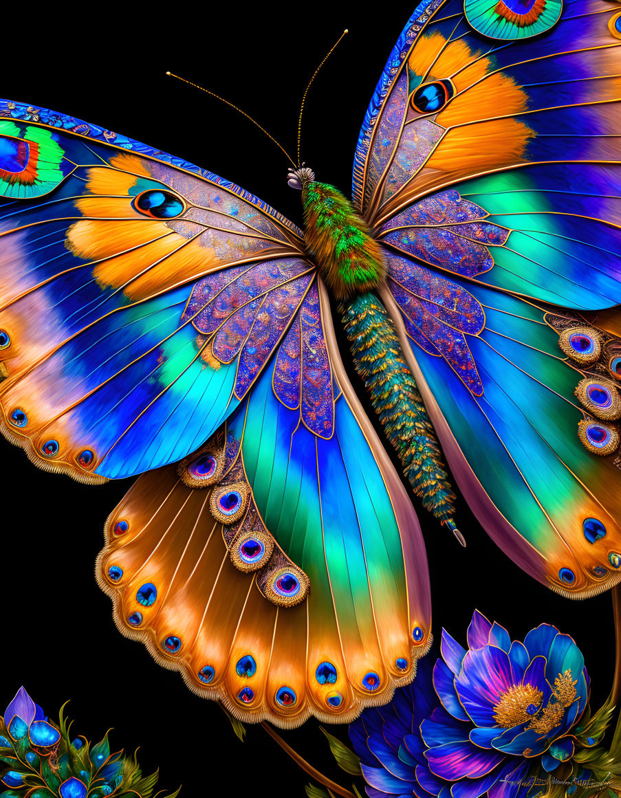 Colorful Butterfly Artwork with Iridescent Wings on Black Background