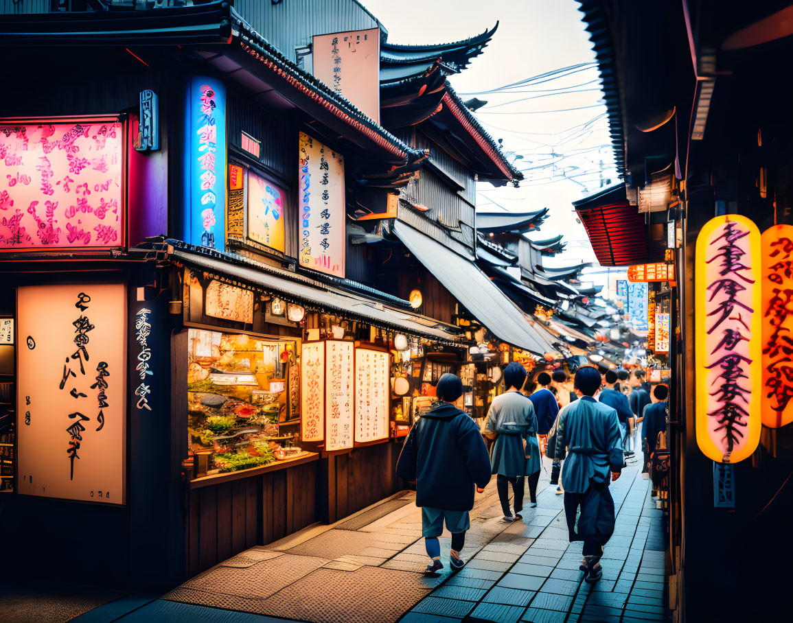 Traditional Japanese street scene at dusk with glowing lanterns and pedestrians