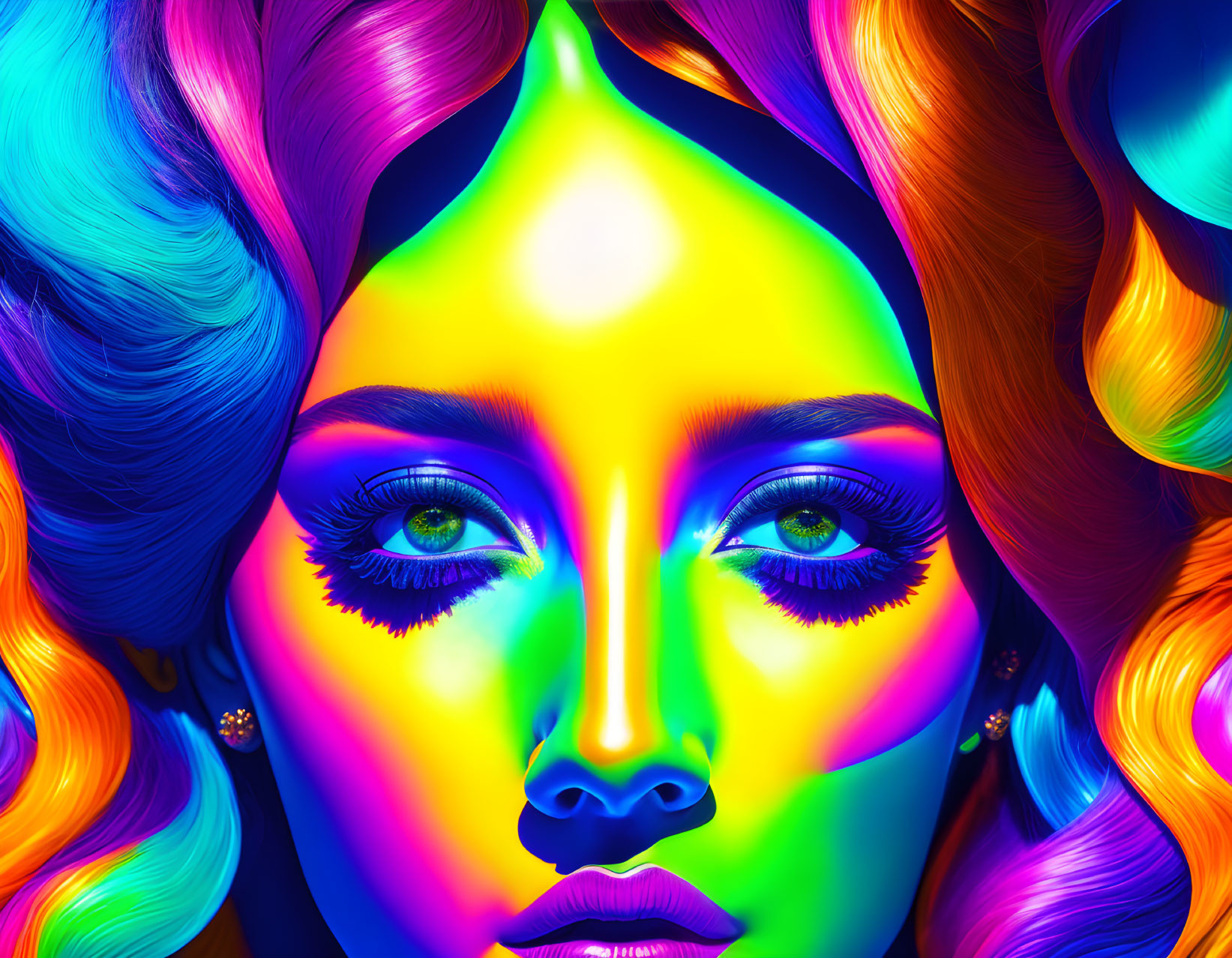 Colorful portrait of a woman with rainbow palette makeup and flowing multicolored hair