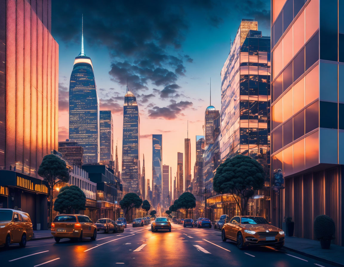 City Street Twilight Scene with Glowing Building Windows and Vibrant Sunset Sky