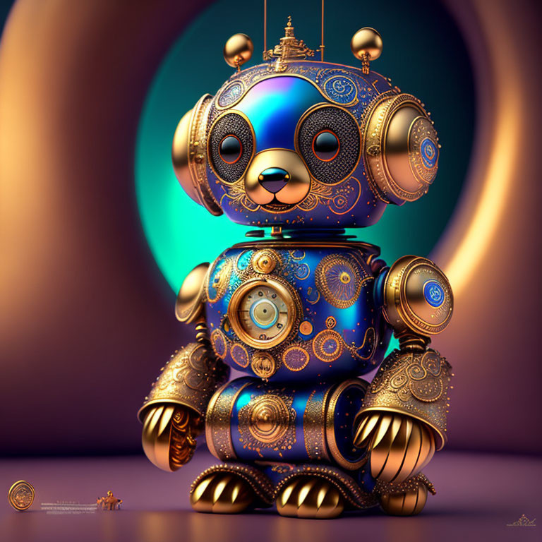 Steampunk-style robotic teddy bear on purple and teal gradient.