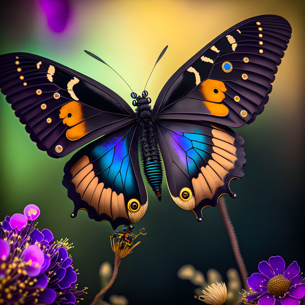 Colorful Butterfly with Black and Blue Wings on Purple Flowers