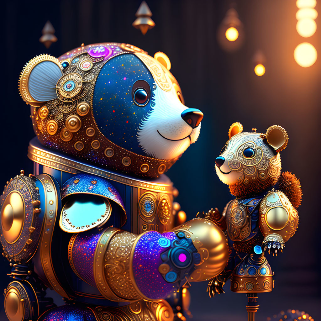 Intricately designed robotic bears with glowing parts in warm setting