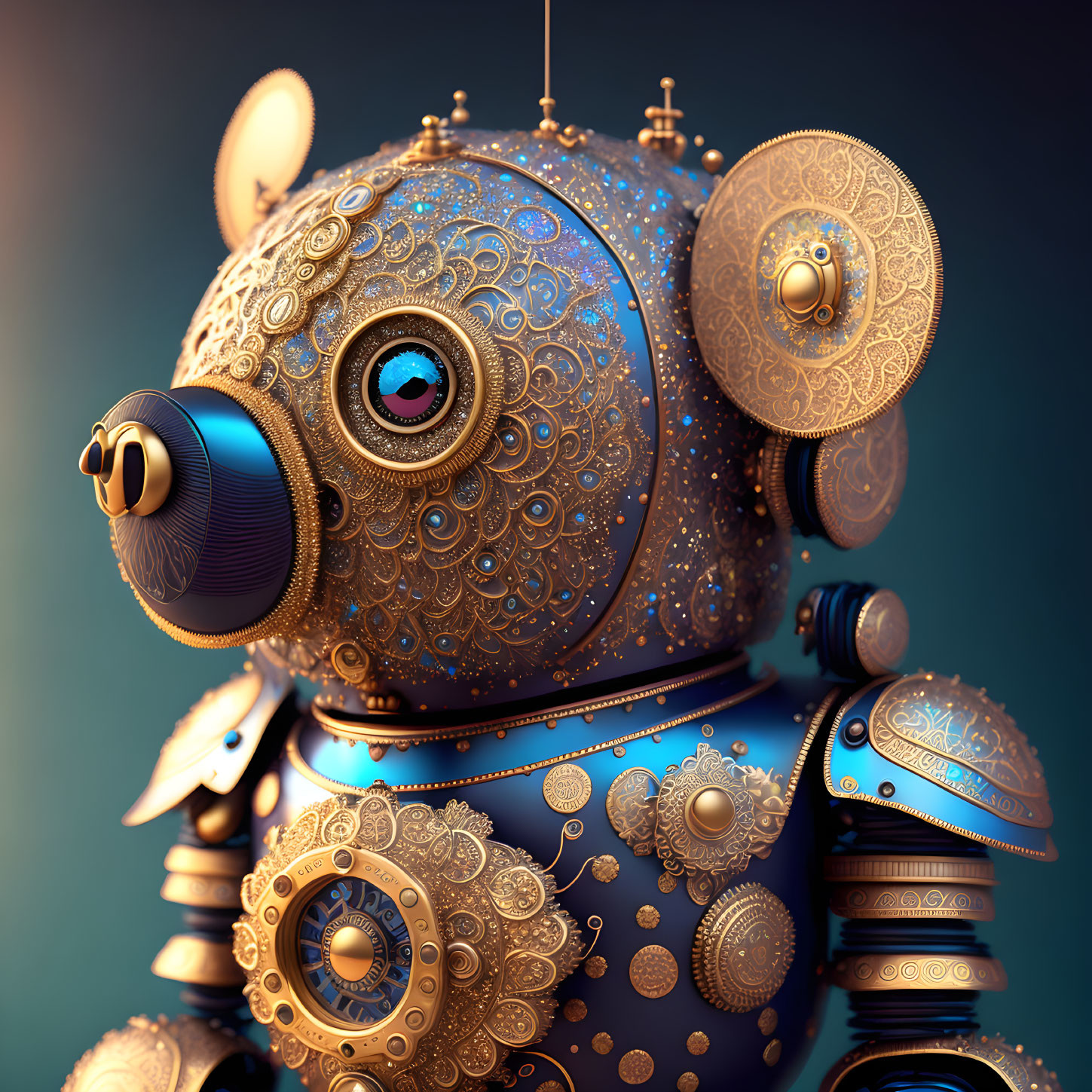 Steampunk-style robot with ornate patterns and gold accents on moody backdrop