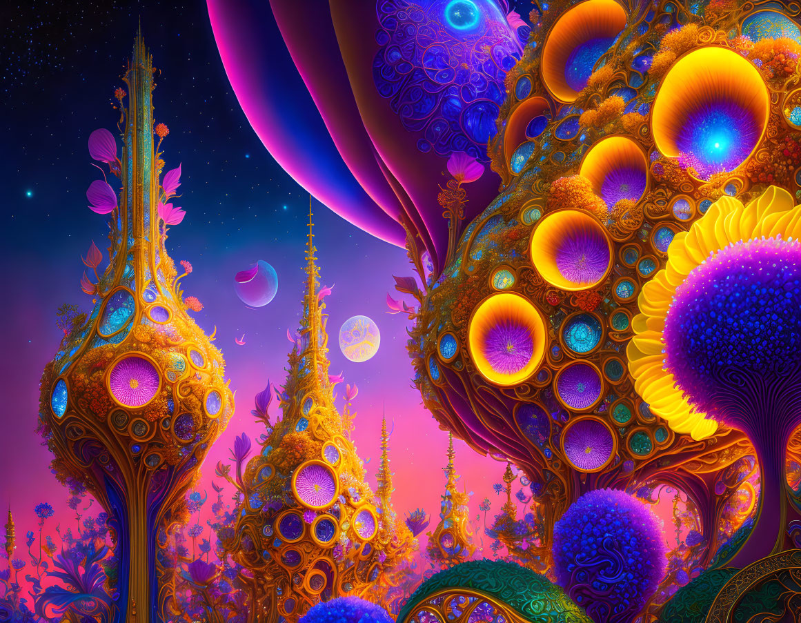 Colorful psychedelic landscape with eye-like trees under cosmic sky