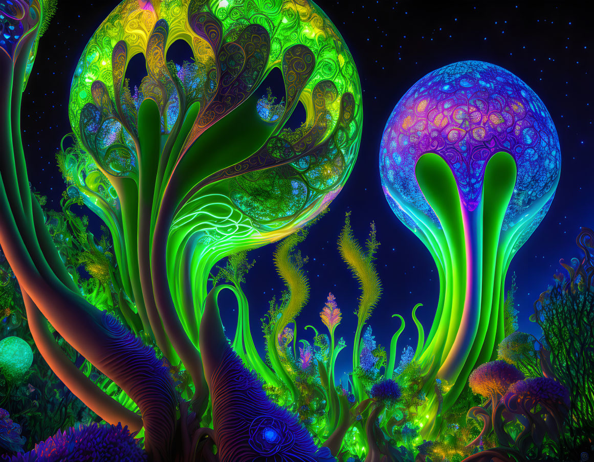 Neon-lit mushroom trees in a fantastical forest