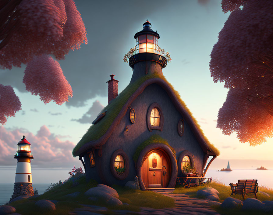 Coastal fantasy cottage with lighthouse, pink trees, and sunset view