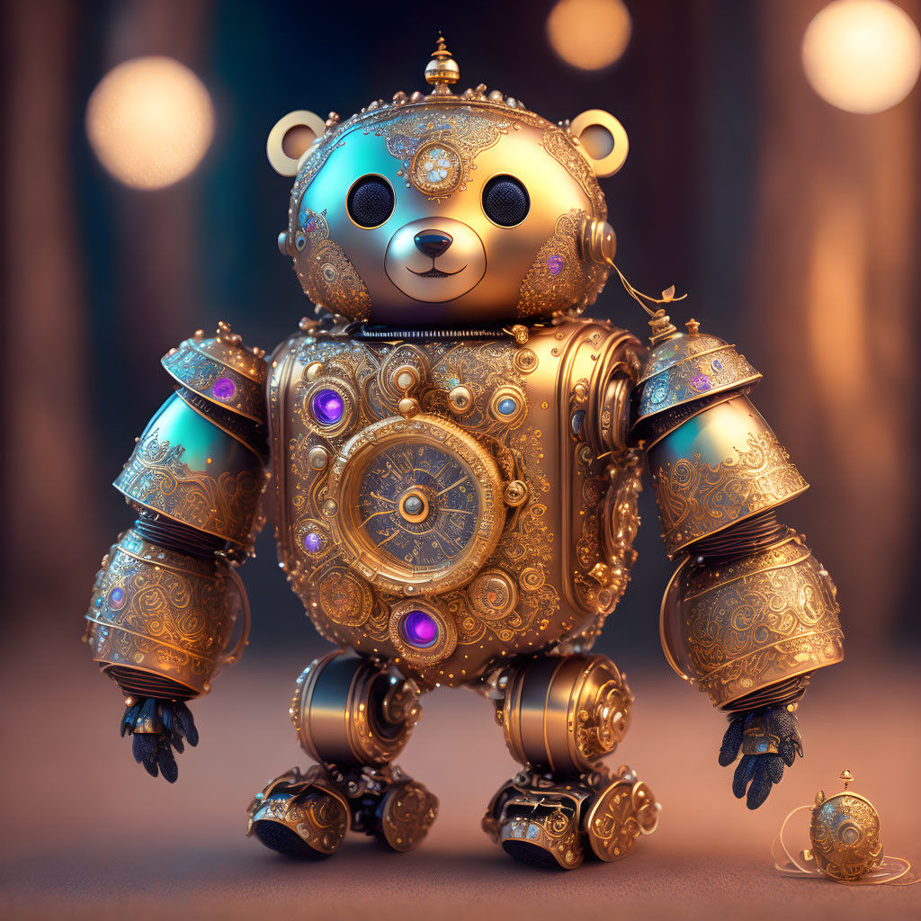 Steampunk-inspired robot bear with gold and silver detailing and purple accents holding a ball