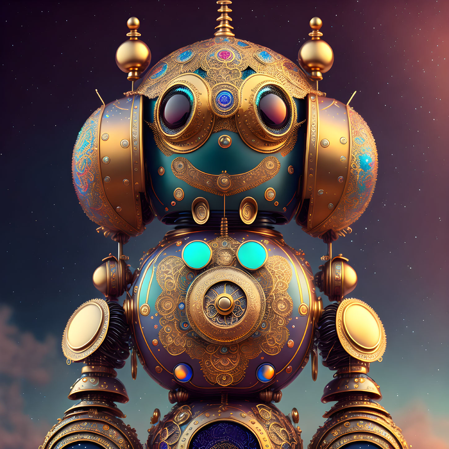 Intricate Steampunk Robot with Glowing Eyes in Twilight Sky