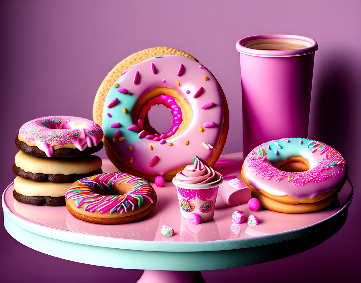 Vibrant donuts, coffee, and ice cream on pink surface with purple background.