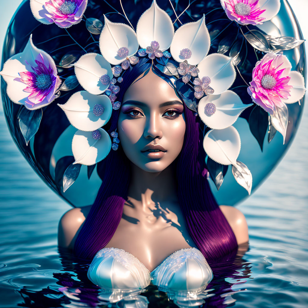 Digital artwork: Woman with purple hair and floral headdress in water landscape