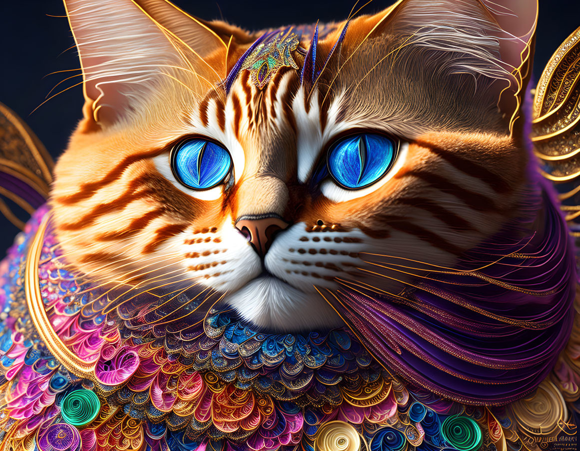 Colorful Digital Art: Cat with Blue Eyes & Ornate Feathers