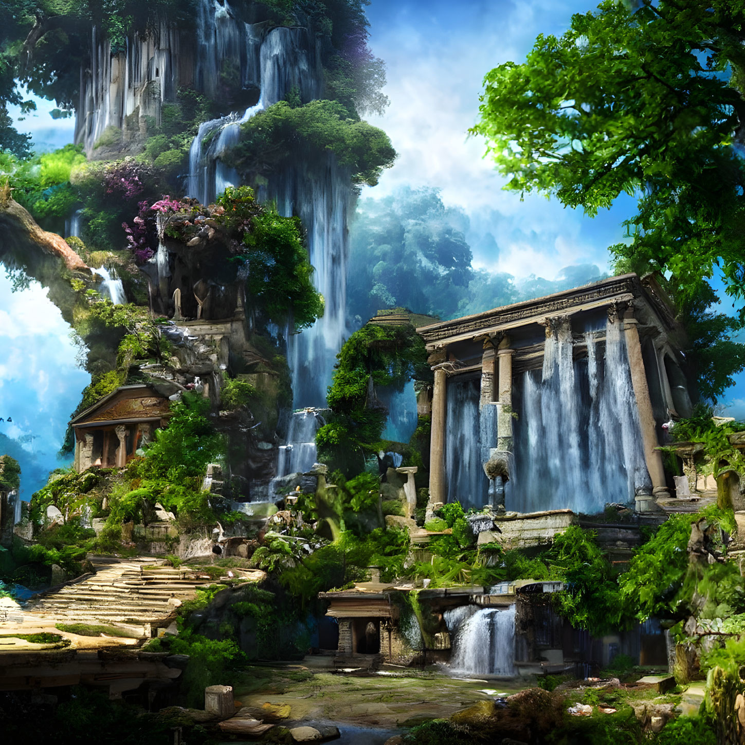 Ethereal landscape with waterfalls, ancient ruins, and lush greenery