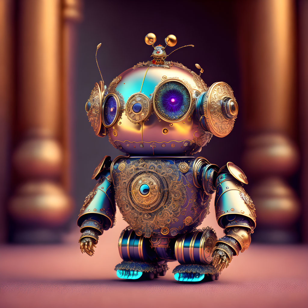 Steampunk-style robot with glowing purple eyes on warm brown backdrop