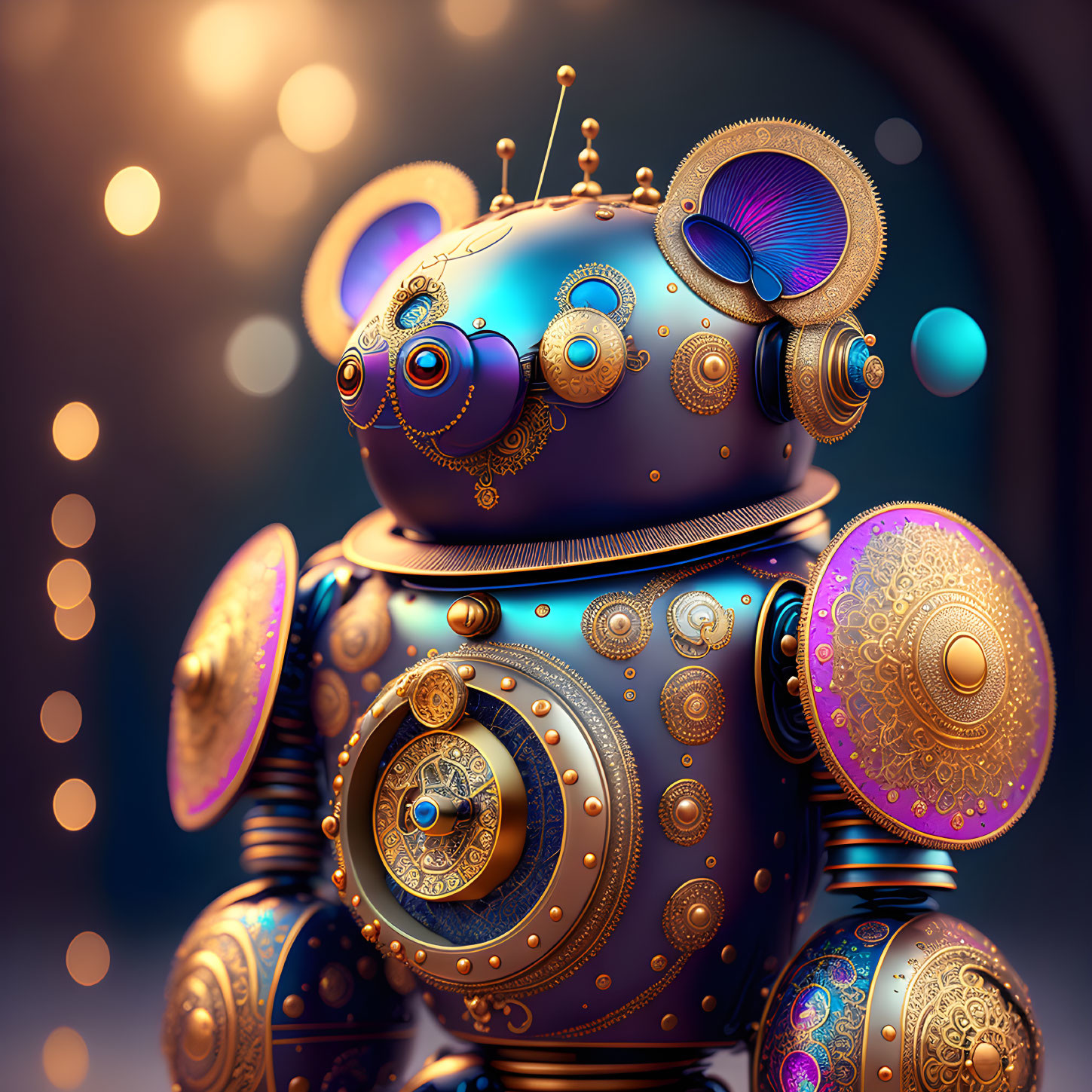 Intricate Steampunk-Style Robot with Gold and Blue Patterns