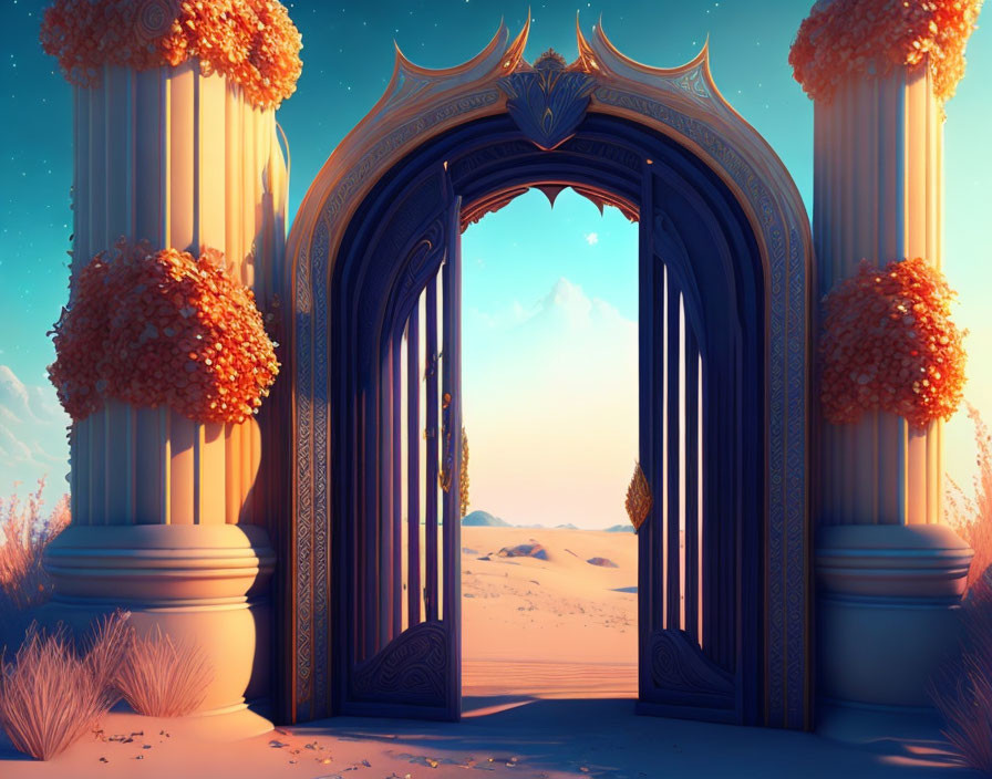 Ornate Open Gateway in Desert Landscape with Columns and Orange Foliage