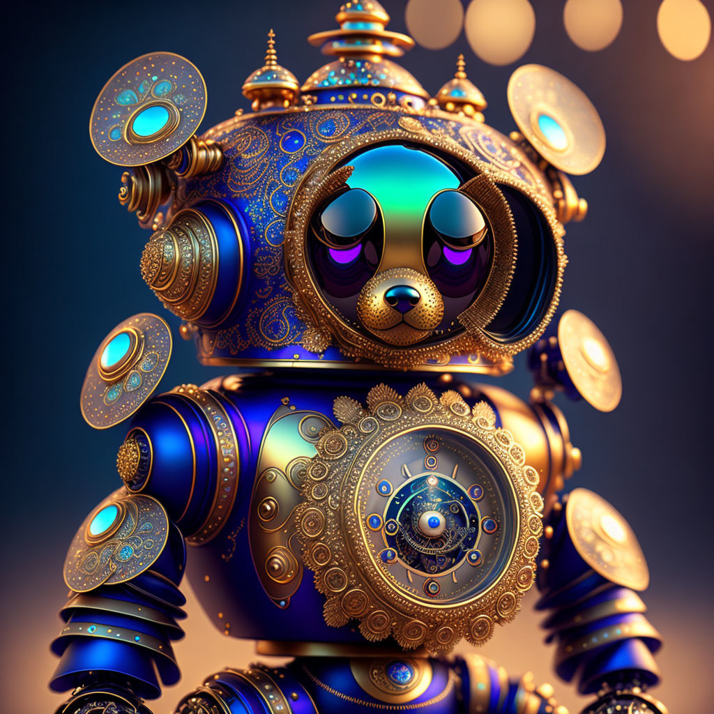 Intricate robotic creature with golden patterns and mechanical parts on warm bokeh-lit background