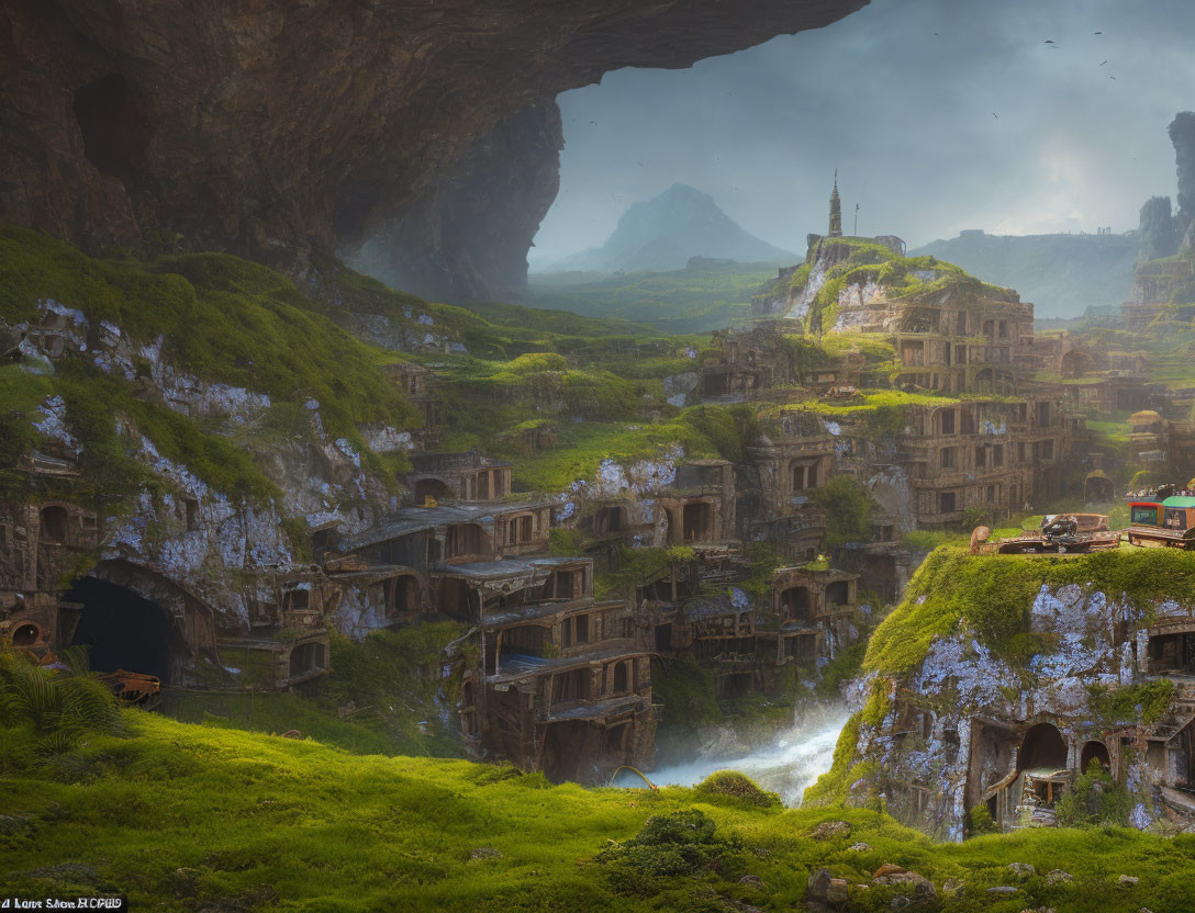 Majestic cliffside village in lush misty landscape