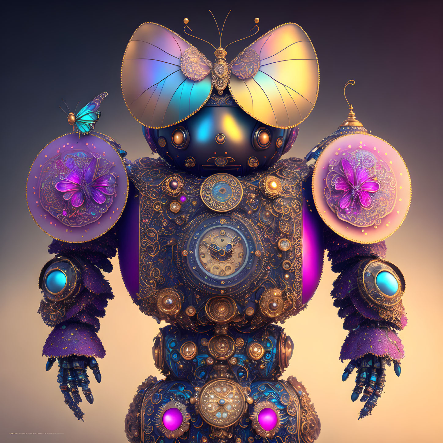 Steampunk-style robot with glowing eyes and butterfly wings.