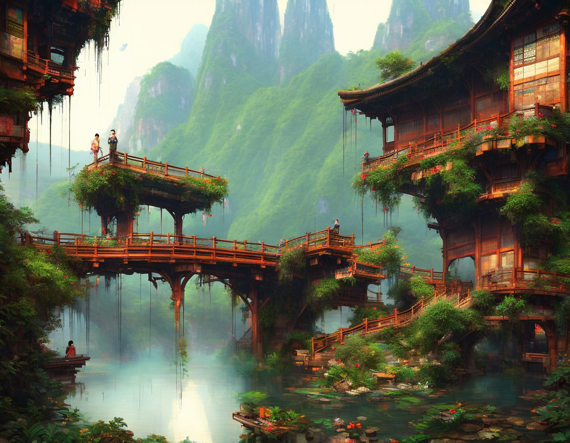 Tranquil fantasy landscape with wooden structures, misty river, lush greenery, and towering cliffs