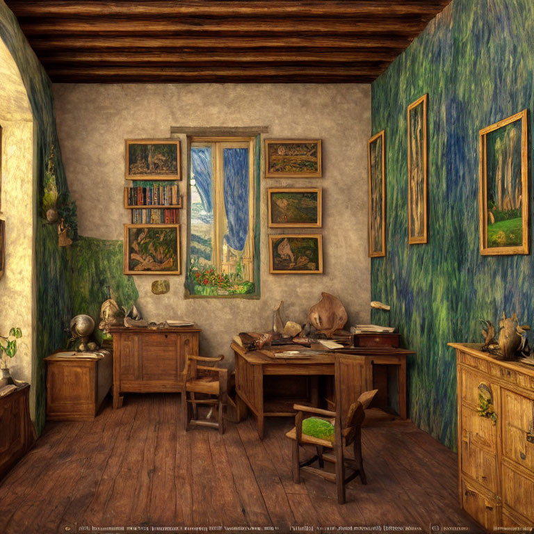 Rustic artist's studio with wooden desk, paintings, bright window, and art materials