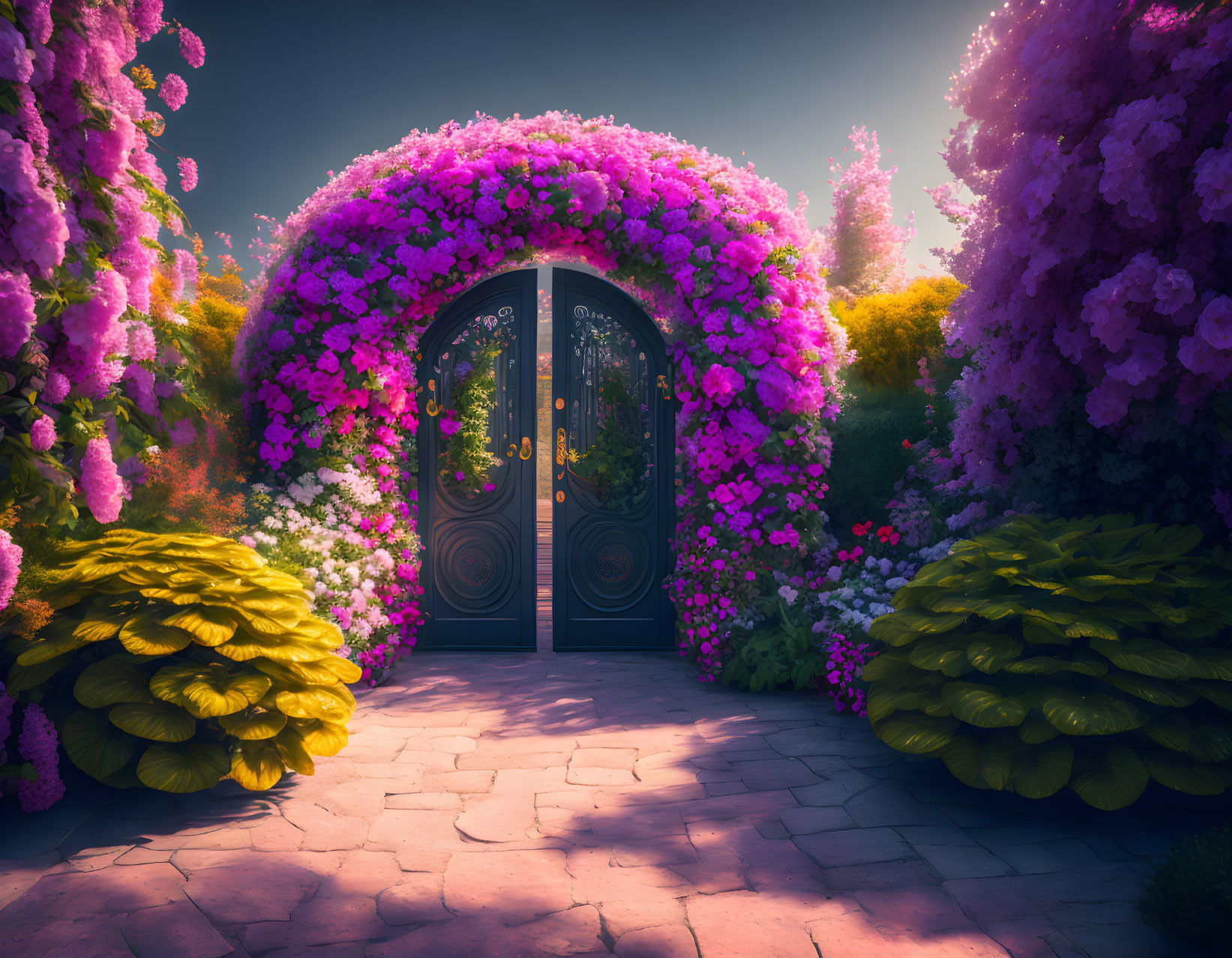 Enchanting garden path with vibrant floral arches and mystical black gate