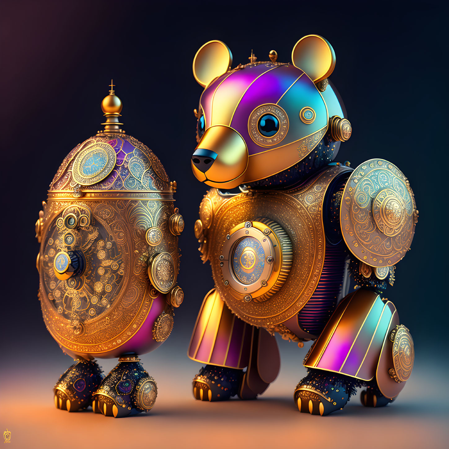 Steampunk-style robotic bear and intricate egg-shaped object with metalwork and jewel embellishments