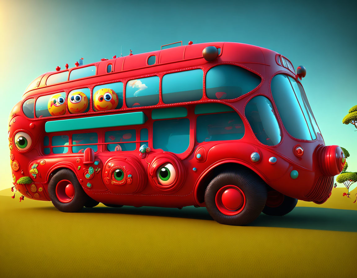 Whimsical Red Cartoon Bus with Playful Expressions