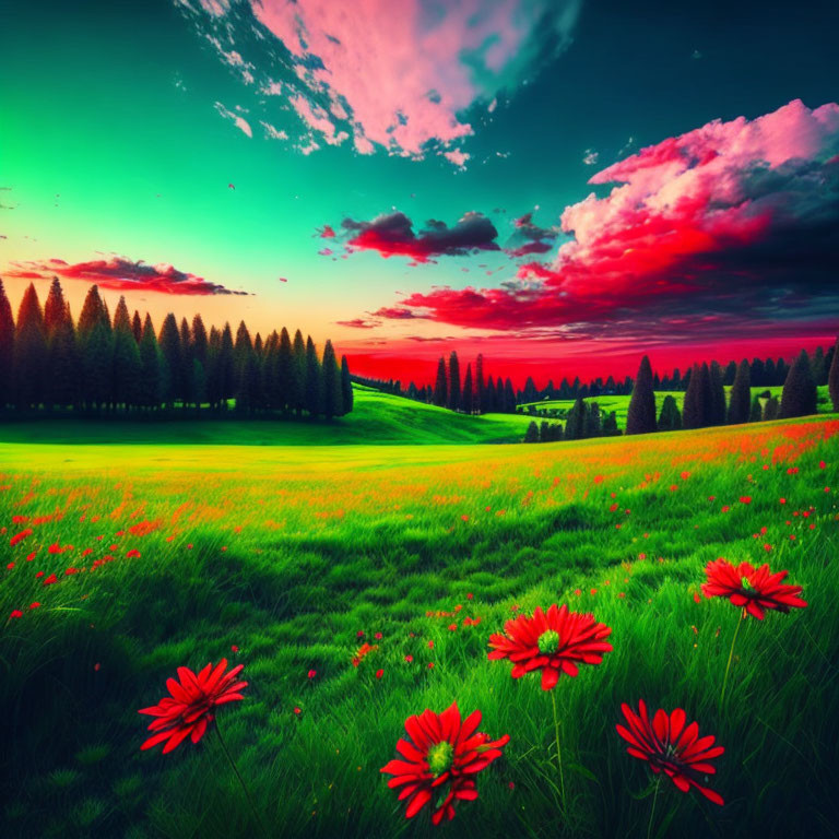 Colorful sunset landscape with red flowers, green field, trees, pink and blue clouds