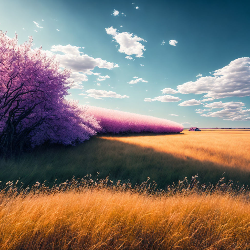 Scenic landscape with cherry blossom trees, golden grass, clear sky, and farmhouse.