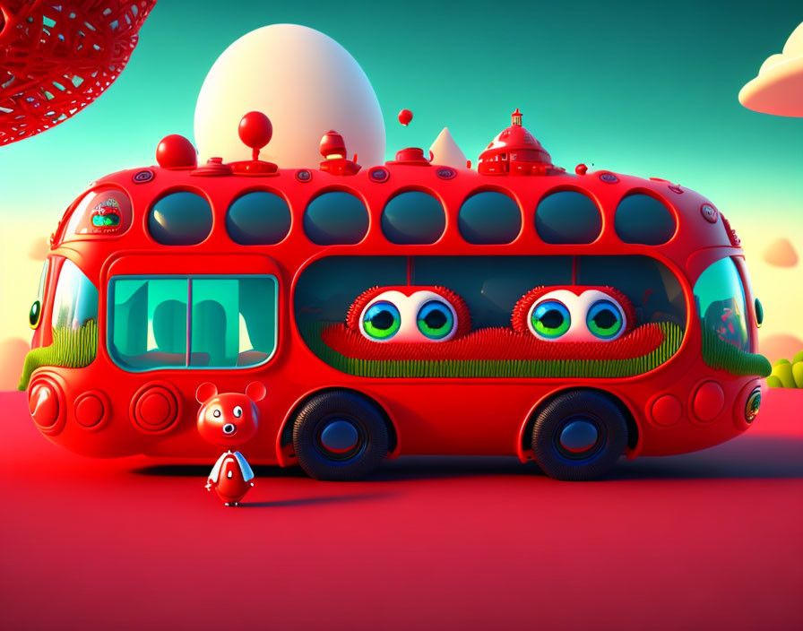 Red Bus with Eyes and Smile in Cartoon Landscape with Matching Character