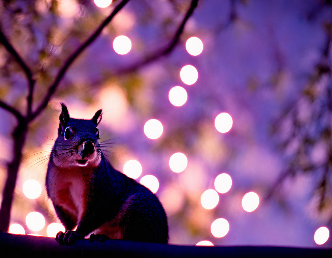 Squirrel perched on branch with vibrant purple hues & bokeh lights