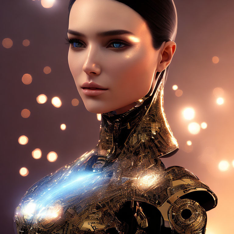 Female Android with Human-like Face and Glowing Chest in 3D Illustration